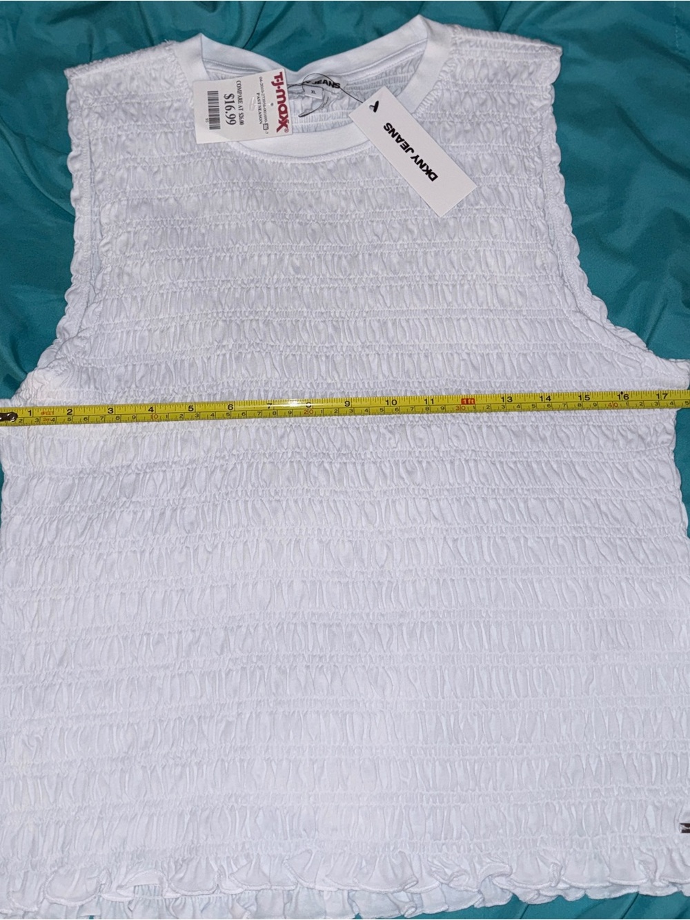 DKNY White Smocked Ruffle Hem Sleeveless Tank